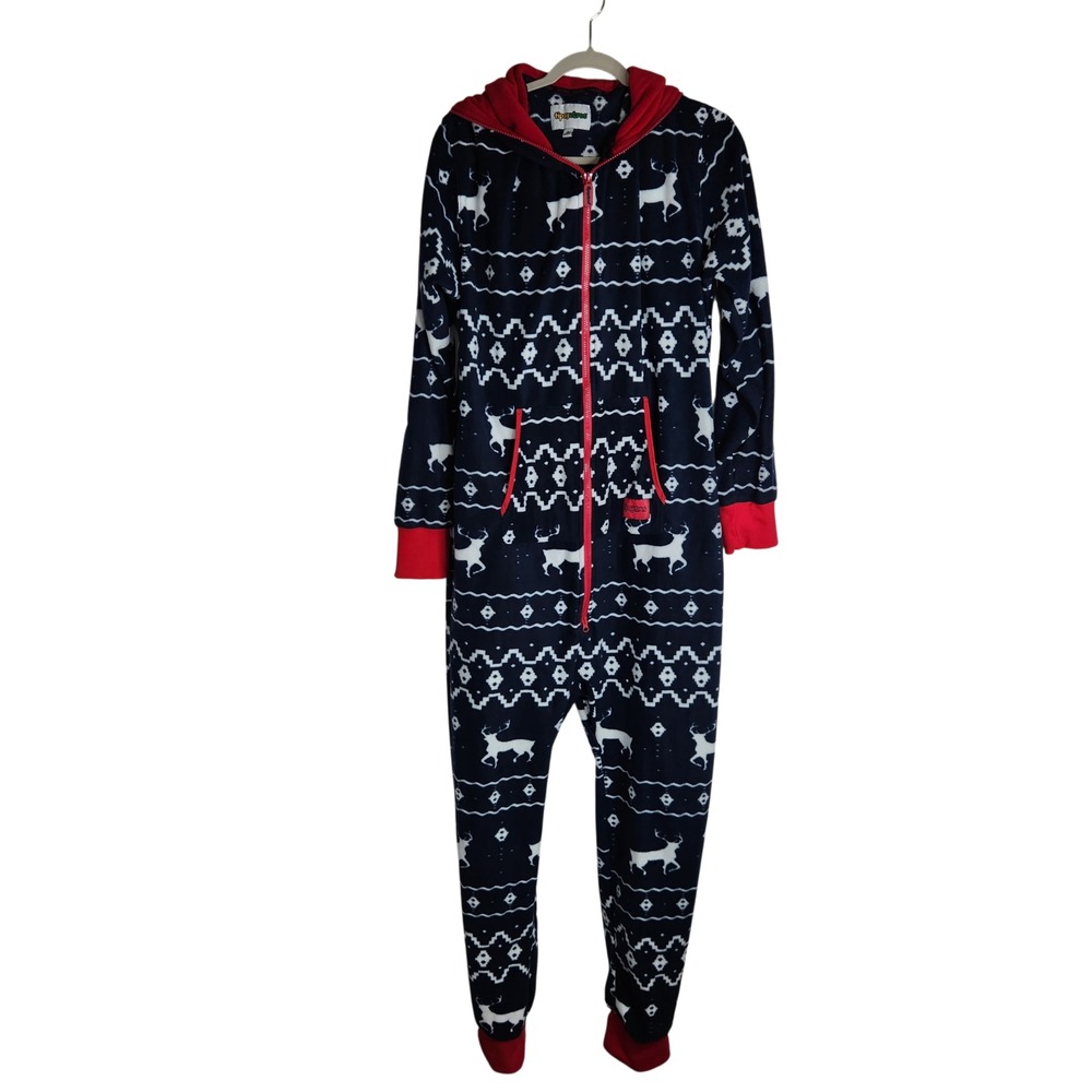 TIPSY ELVES XL One Piece Jumpsuit Pajama Blue‎ Red Reindeer Hooded Christmas